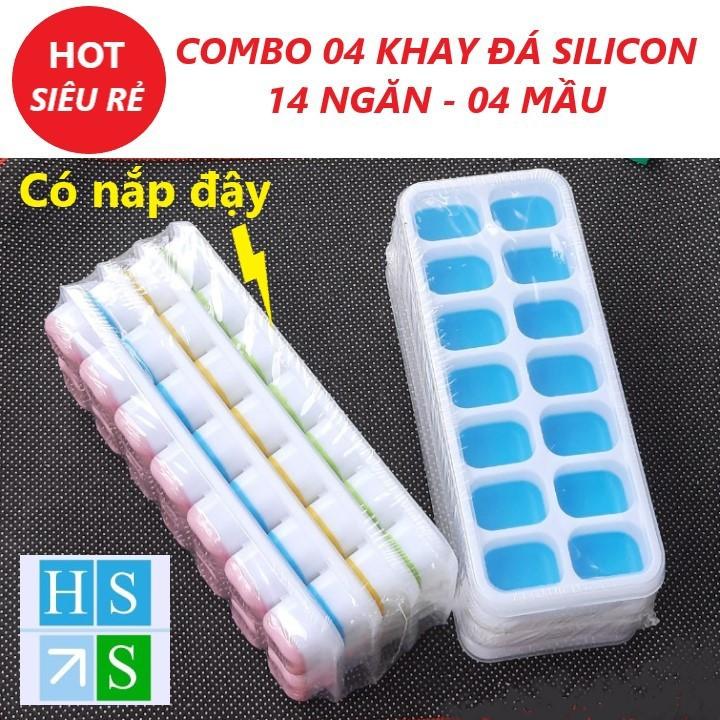 SET 04 Khay đá silicon (14 ngăn , 4 mầu) có nắp đậy không dính mùi thực phẩm, làm rau câu, làm kem, khay trữ đông ăn dặm