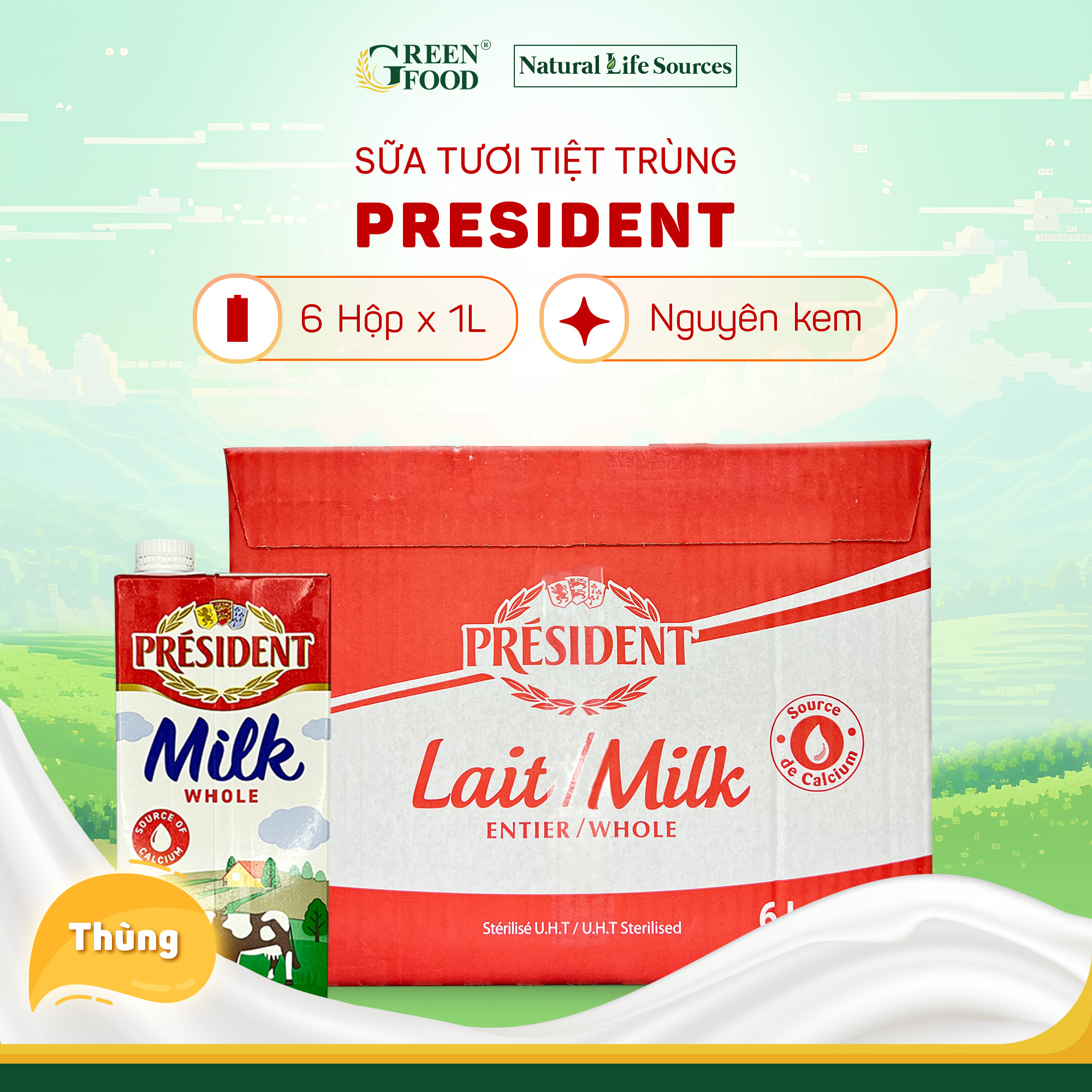 Thùng 6 Hộp Sữa tươi tiệt trùng nguyên kem cao cấp President không đường | Hộp 1L - Nhập khẩu chính hãng từ Pháp