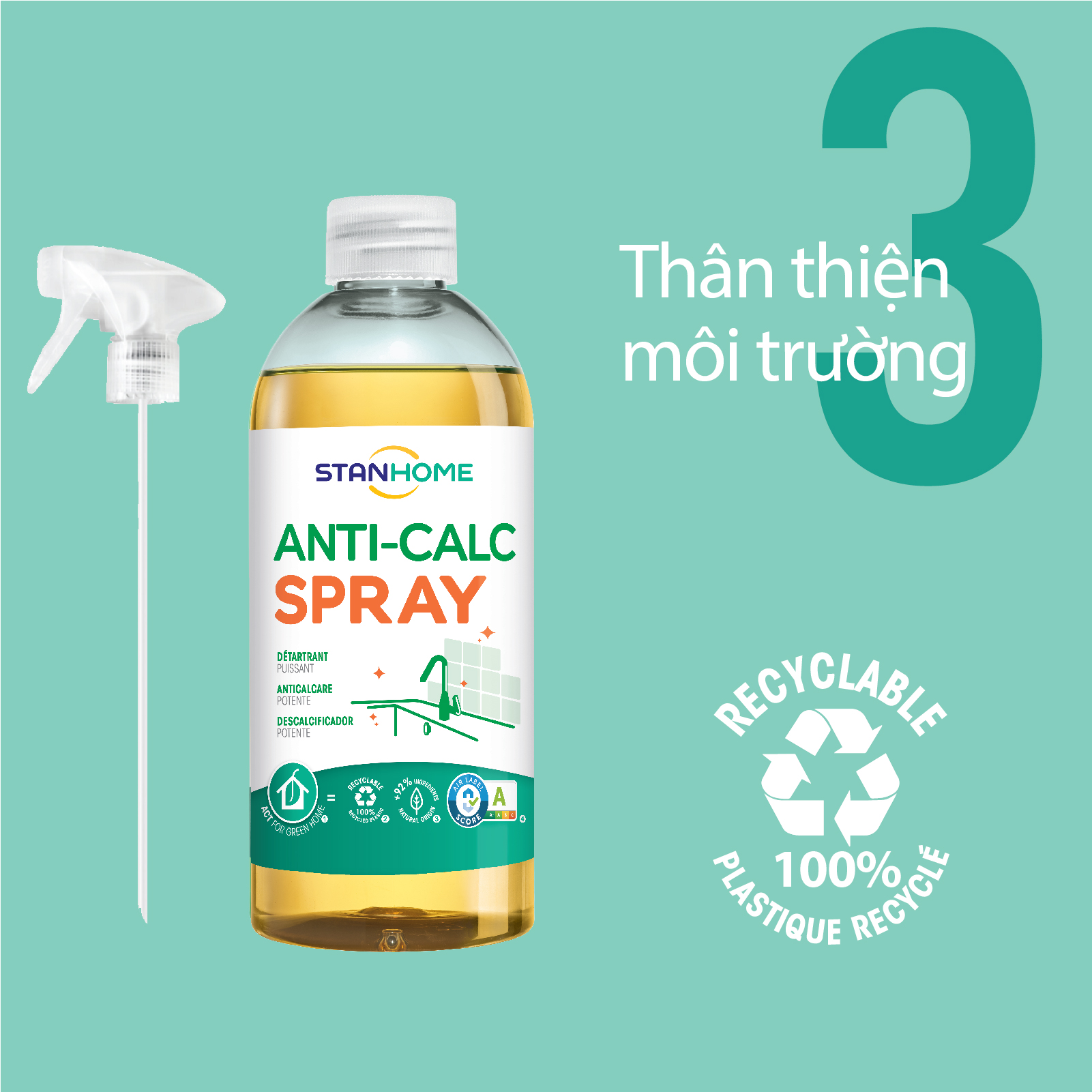 Siêu tẩy cặn canxi nước cứng cho mọi bề mặt và thiết bị trong nhà Anti Calc Stanhome tiêu chuẩn Air Label Ccore 500ml