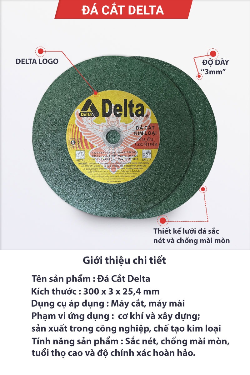 (1 Viên) Đá Cắt Kim Loại Delta 300x3x25.4mm Thiết Kế Lưỡi Đá Sắc Nét và Chống Mài Mòn | TOPWIN Official Store