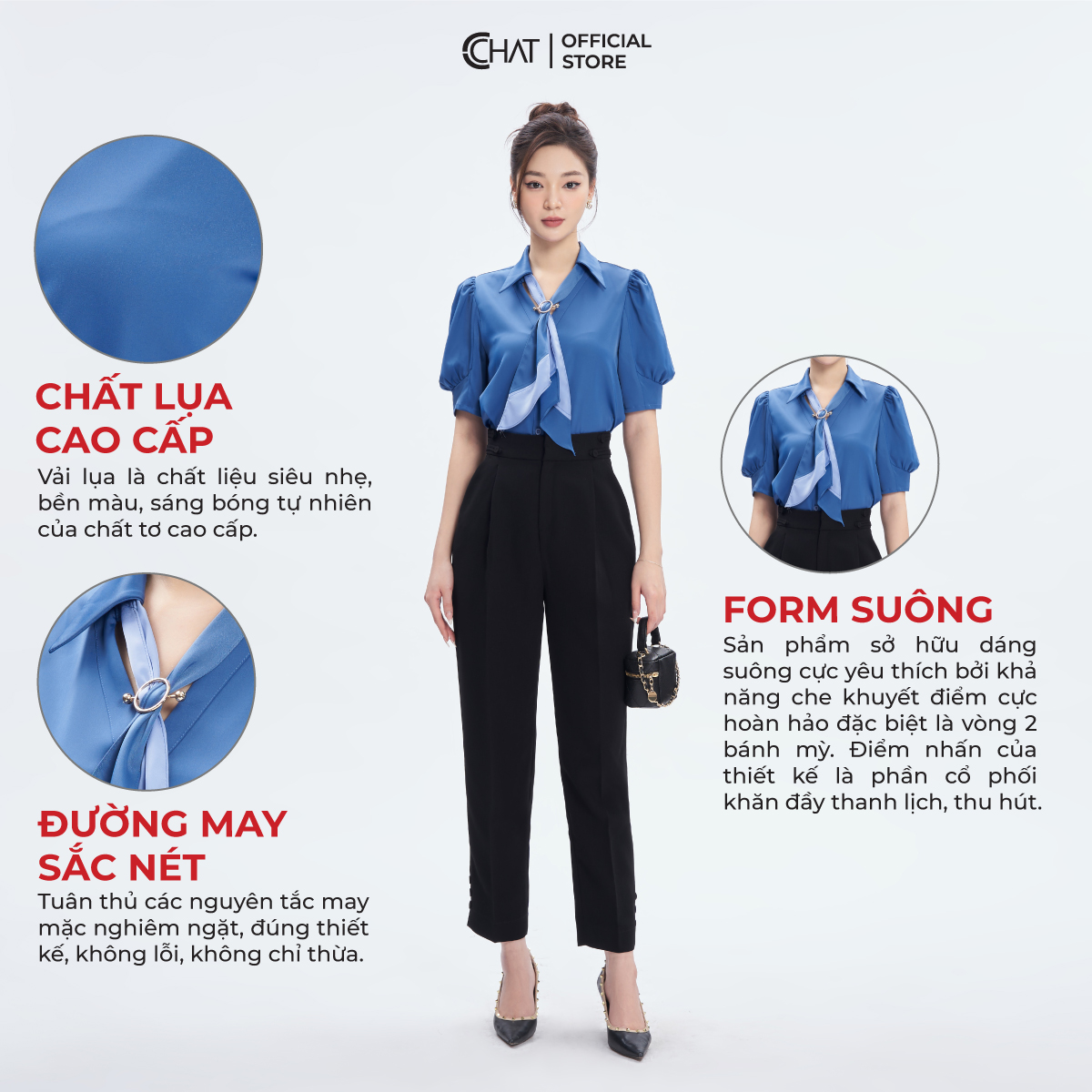 Áo Sơ Mi Nữ  Kiểu Cổ Đức Mở V Phối Khăn Chất Lụa Mềm Mịn 53SNL2005ST