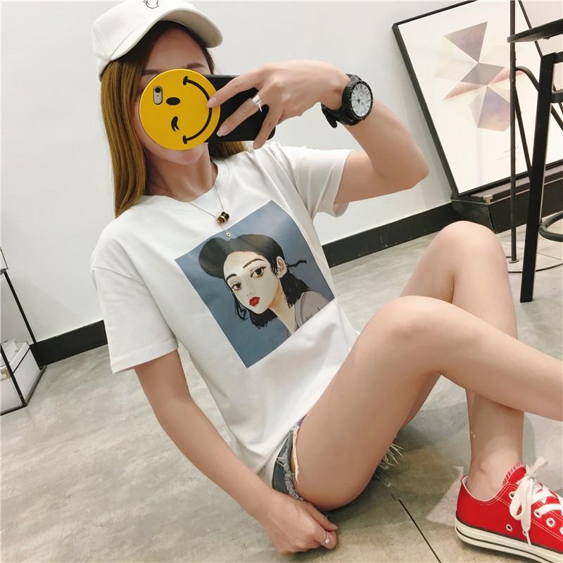 Áo thun dáng rộng cổ tròn hoạ tiết hoạt hình cho nữ