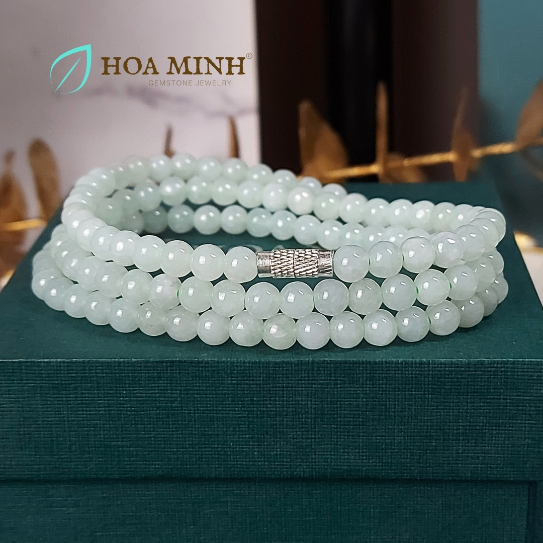 Vòng cổ 108 hạt ngọc Cẩm Thạch A xanh táo size hạt 5.5 li (có thể đeo thành vòng tay) VIP, trong bóng | Hoa Minh Gem