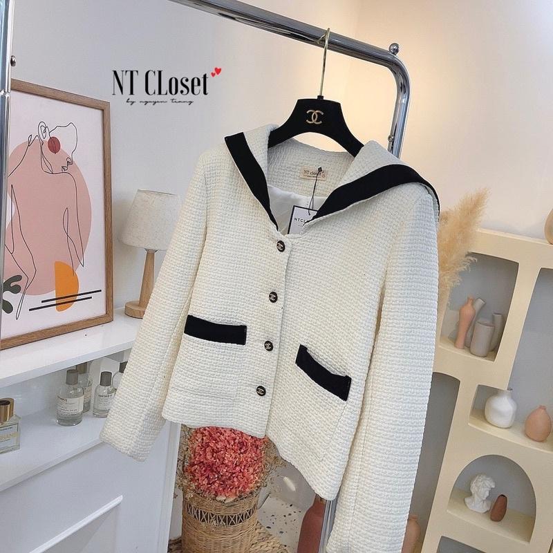 Áo khoác dạ tweed trắng viền đen cổ thuỷ thủ chuẩn nt closet (sẵn)