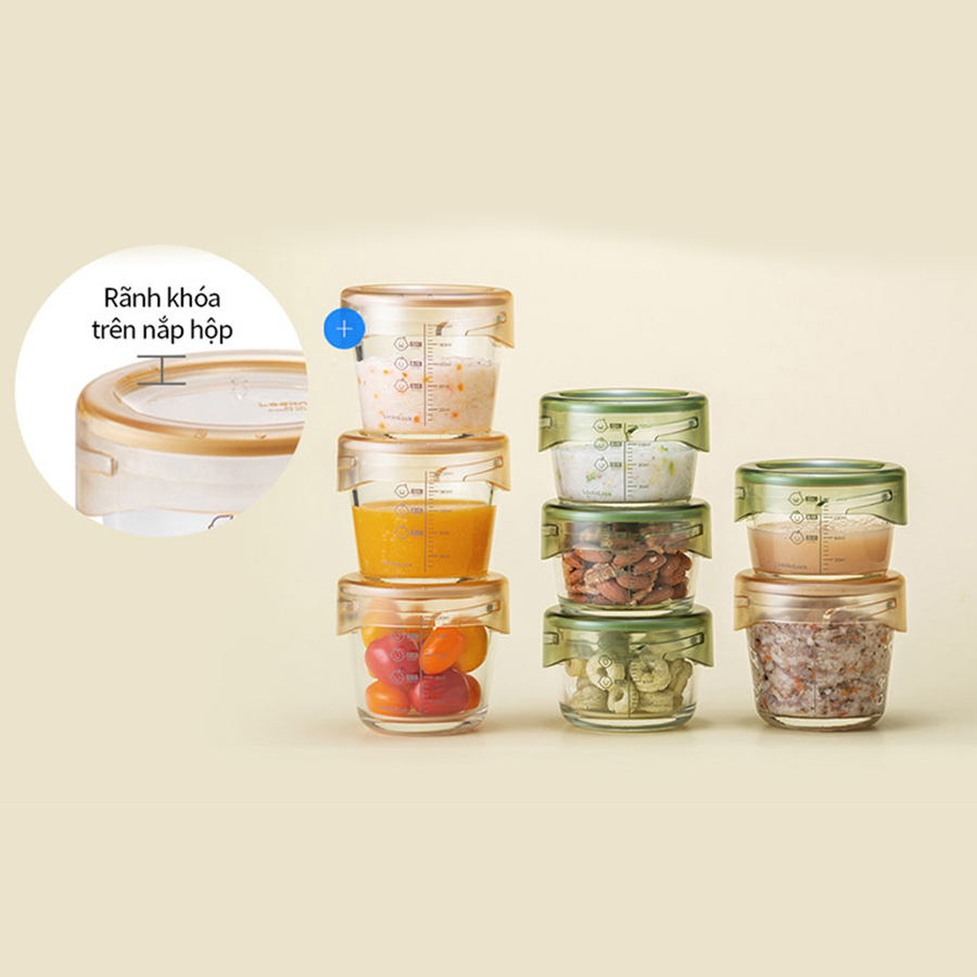 Bộ 3 hộp thủy tinh đựng thực phẩm cho bé LocknLock Baby Food container LLG542S3IVY - 280ml, Nắp vặn chống tràn, chất liệu không BPA an toàn cho trẻ em, có vạch chia - Hàng chính hãng