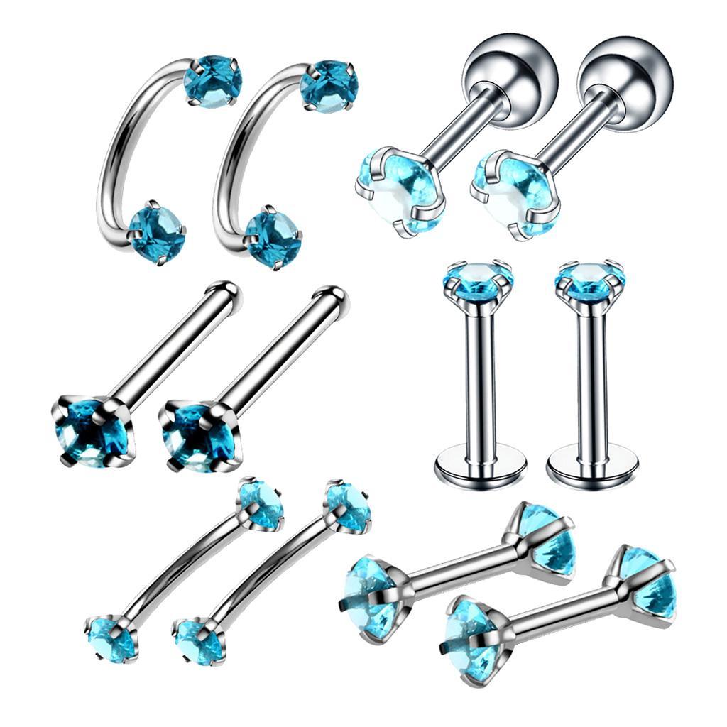 12pcs Stainless Steel Colored Zircon Lip Nose Nail Piercing Jewelry