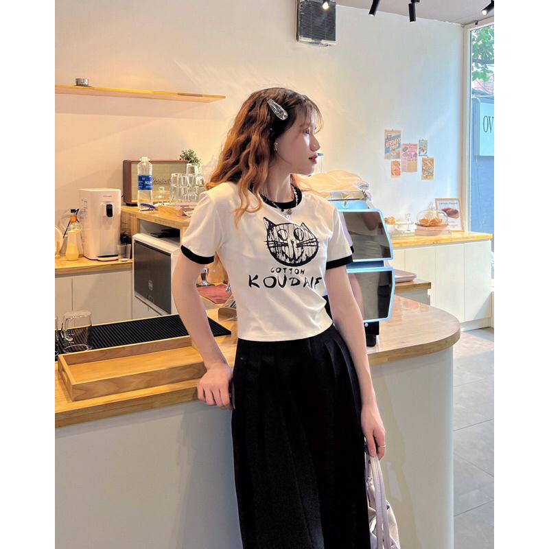 Áo phông nữ croptop dáng ngắn viền màu hình con mèo dây buộc sau a238708 germe