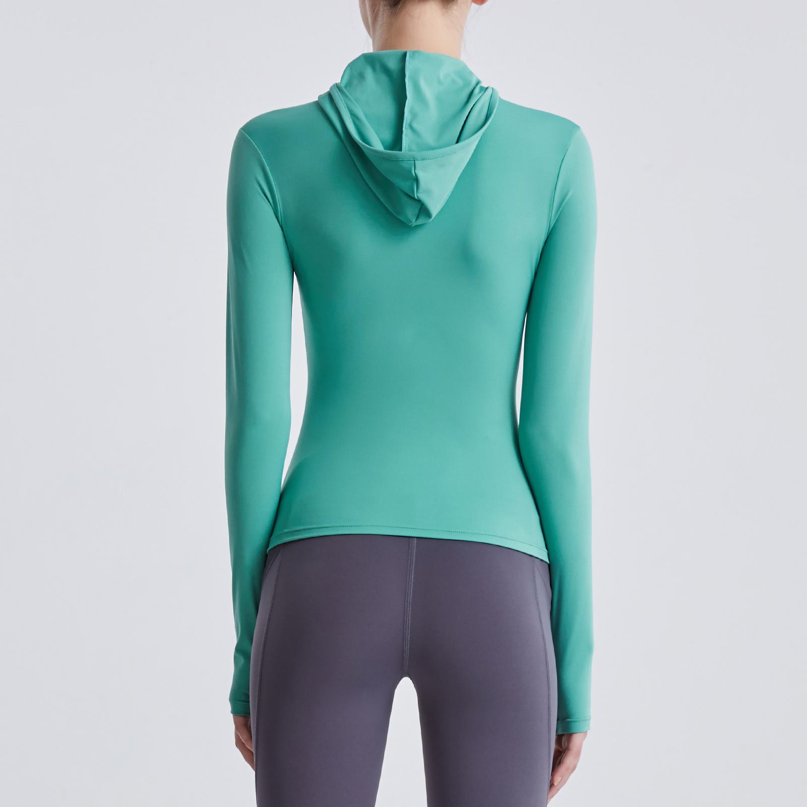 Áo tập thể thao dáng hoodie cho nữ với tay dài, xỏ ngón cái nhanh khô mỏng nhẹ có mũ trùm đầu