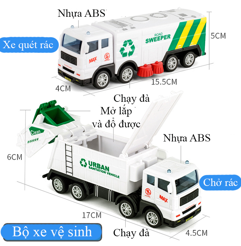 Bộ xe đồ chơi vệ sinh môi trường KAVY gồm 2 xe, 4 thùng rác có hộp đựng tiện lợi