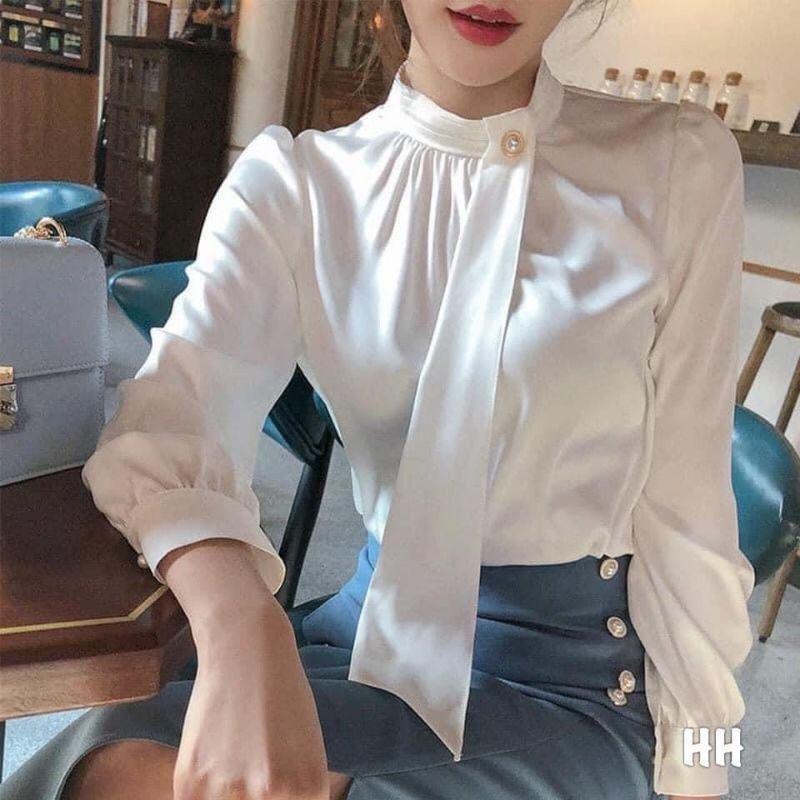 Áo Sơ Mi Nữ Trắng Cổ Đính Ngọc Dây Nơ, Áo Sơmi Trắng Văn Phòng Chất Lụa Dài Tay F007