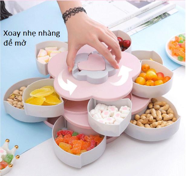 KHAY ĐỰNG MỨT TẾT, Hộp mứt xoay 2 tầng  xèo hình cánh hoa xinh xắn có rãnh đựng điện thoại tiện lợi. - XANH - GDHN Loại Tốt