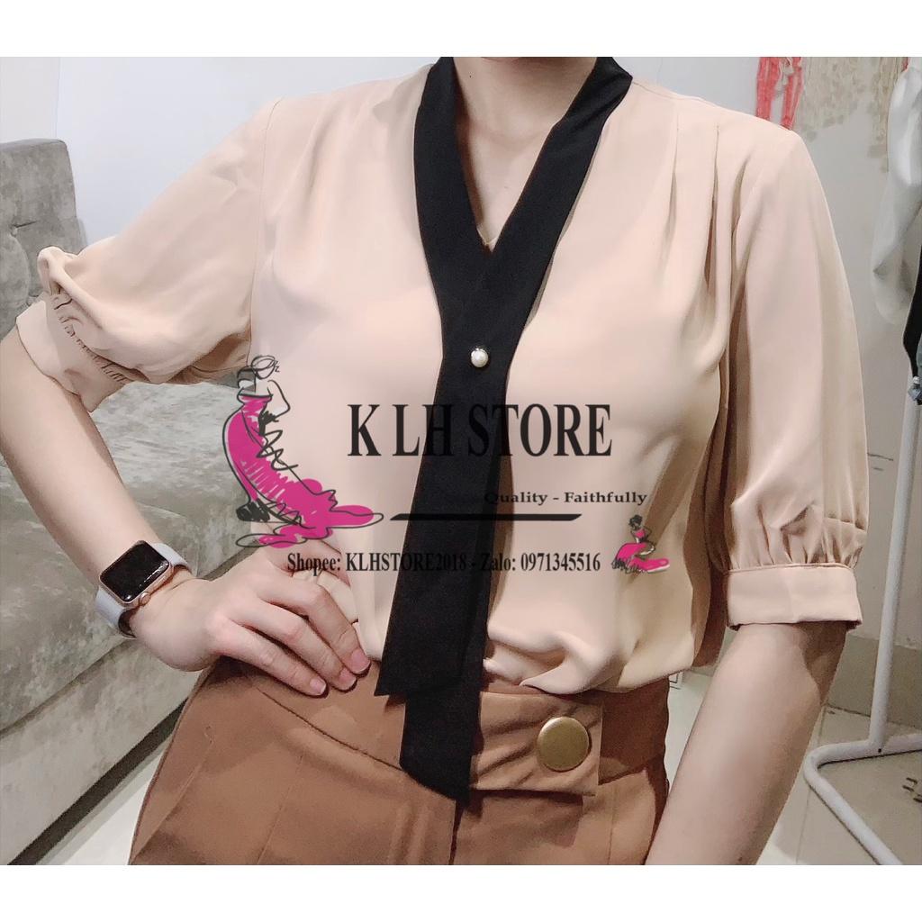 7. KLHSTORE2018 Áo sơ mi nữ màu da/ nude tay ngắn cổ viền đen dây thả đính hạt