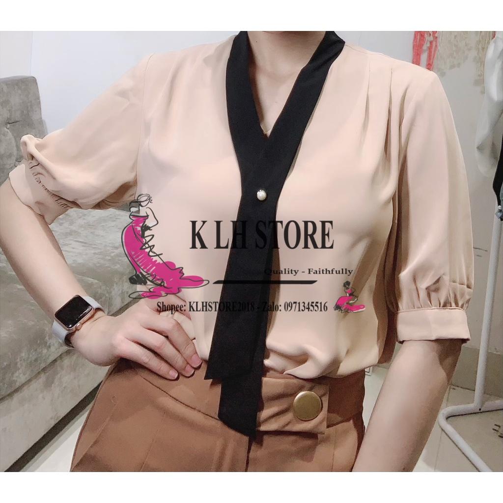 7. KLHSTORE2018 Áo sơ mi nữ màu da/ nude tay ngắn cổ viền đen dây thả đính hạt