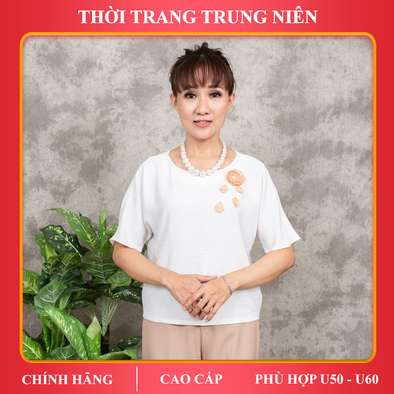 Áo trung niên iDiva A14-12, chất liệu lụa cao cấp, hoa kết sang trọng, dáng suông phù hợp U50 dự tiệc &amp; dạo phố