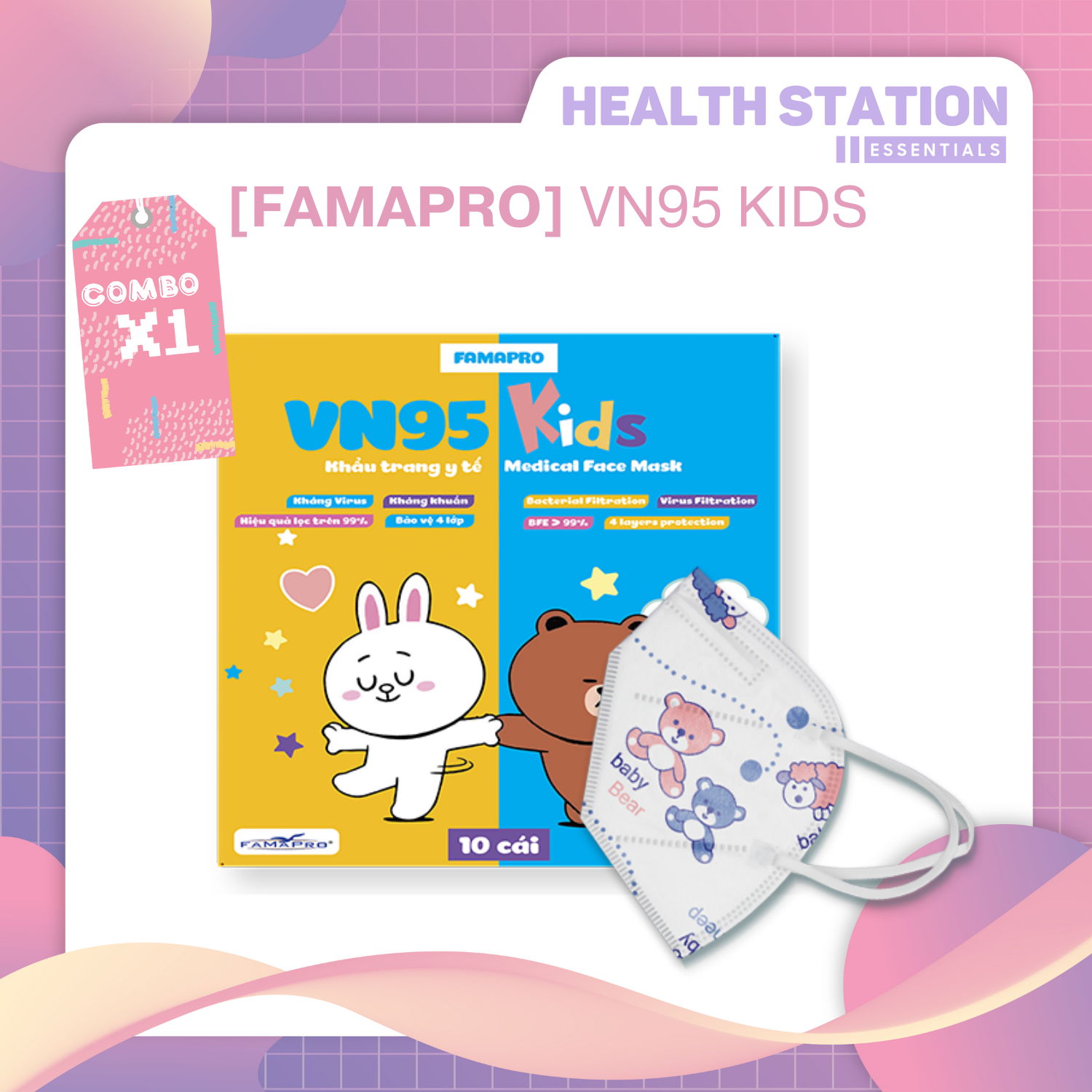 [FAMAPRO VN95 KIDS - 10 CÁI/HỘP] - Khẩu trang y tế trẻ em kháng khuẩn 4 lớp Famapro VN95 KIDS đạt chuẩn N95