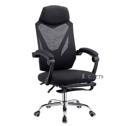 Ghế làm việc có gác chân CR4343-M Nội thất capta.vn Ghế lưng lưới nệm vải lưới màu đen khung ghế nhựa đen chân ghế xoay nâng hạ thép mạ chrome bóng có bánh xe offical chair