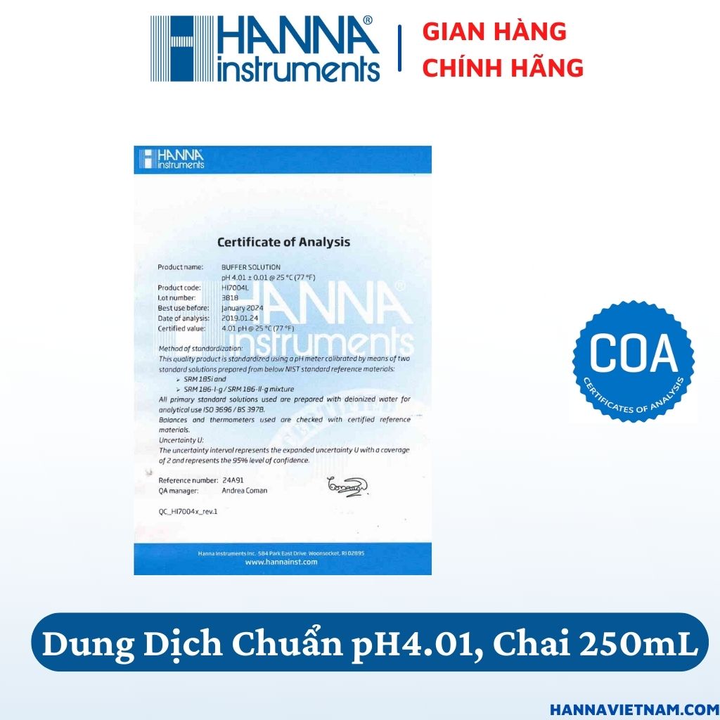 Hình ảnh Dung Dịch Hiệu Chuẩn pH 4.01, Chai 250mL - HI7004M