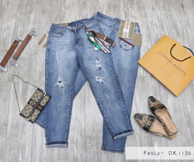 Quần Jean Nữ Baggy Xanh Thêu Điểm Túi