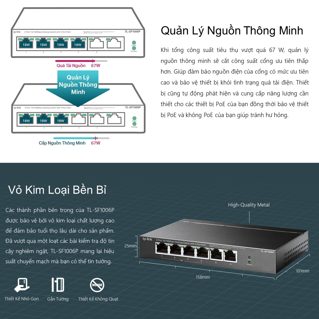 [Tặng tua vít] Thiết bị chia mạng Switch Để Bàn TP-LINK TL-SF1006P 6 Cổng 10/100Mbps với 4 Cổng PoE+ - Hàng chính hãng