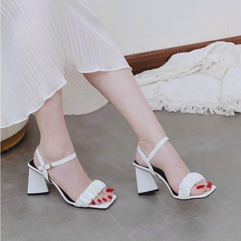 Giày Sandal nữ CAO GÓT 7P QUAI NGANG NHÚN BÈO GÓT TAM GIÁC (7PNBTG)