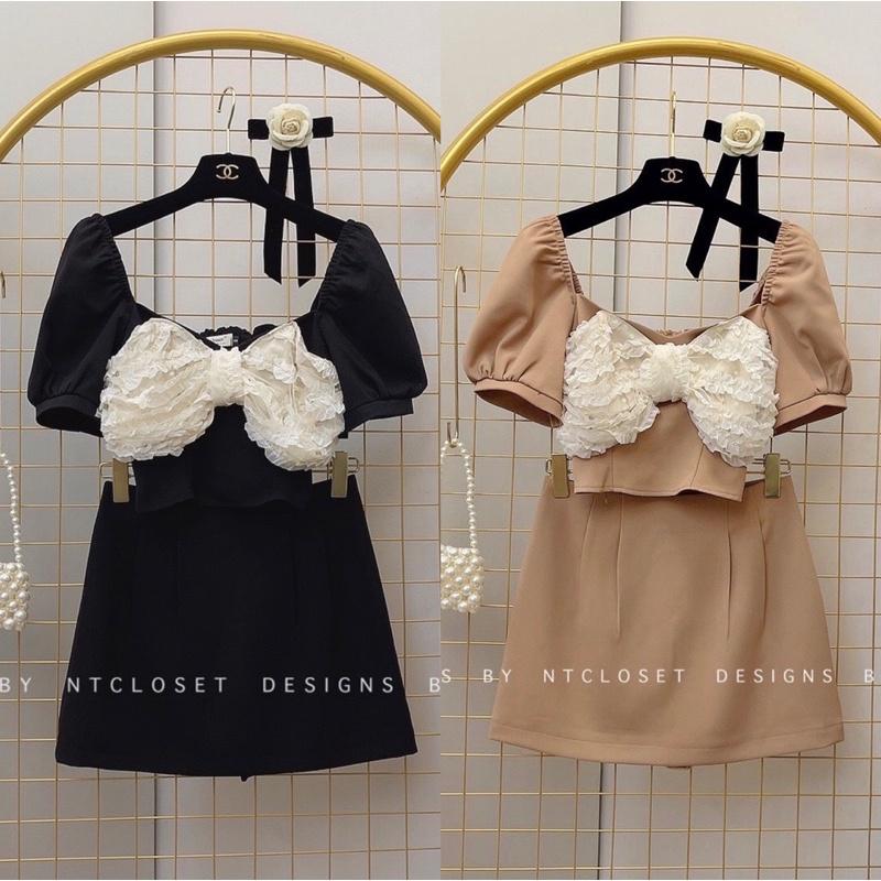 Set áo nơ hoa nổi mix chân váy A nt closet