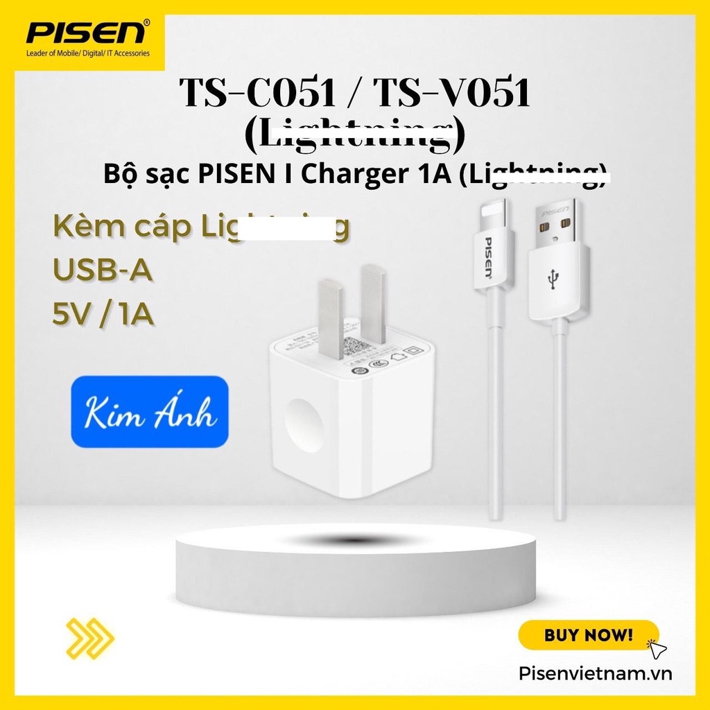 Bộ sạc Pisen I Charger 1A kèm cáp L - (TS-C051-L) cho điện thoại t.táo - Hàng chính hãng