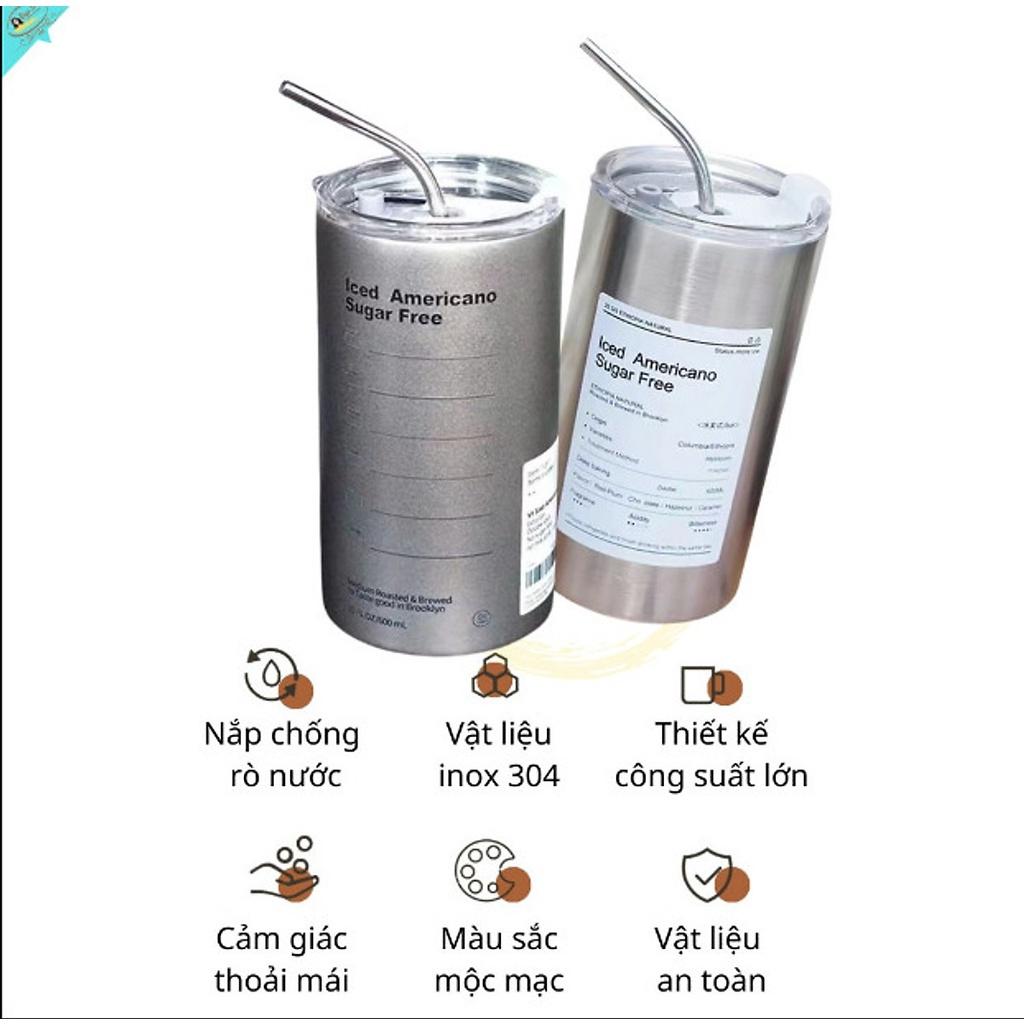 Cốc Giữ Nhiệt, Cốc Uống Nước Iced Americano Inox 304 Có Ống Hút Ly Uống Coffee 600ML Giữ Nhiệt 6-8 Tiếng
