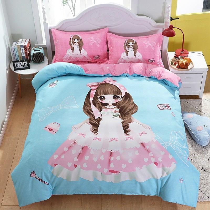 Set Chăn Ga Gối Cotton Tina Hàng Nhập Khẩu Cao cấp 4 Món Hoạt hình dành cho bé gái