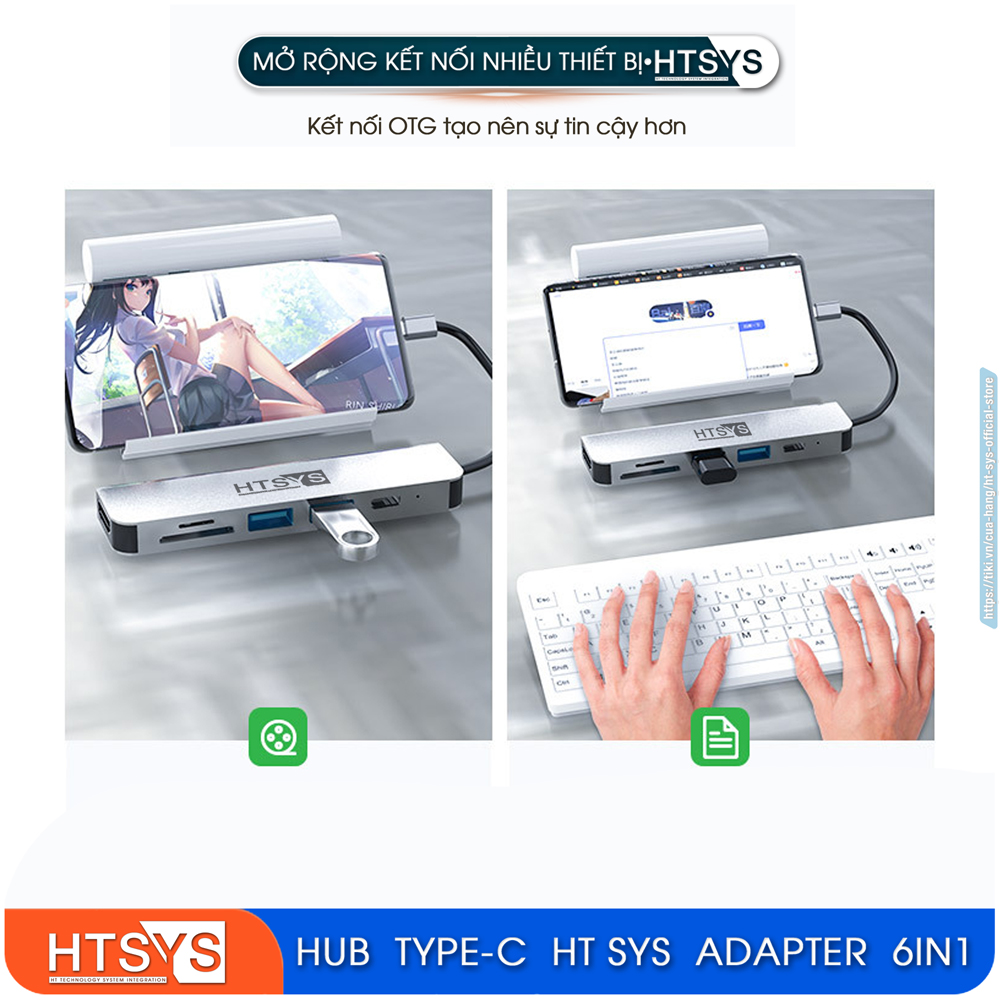 Hub Chuyển Đổi USB Type C HT SYS 6 in 1 To HDMI, USB 3.0, SD, TF, PD 100W - Hàng Chính Hãng