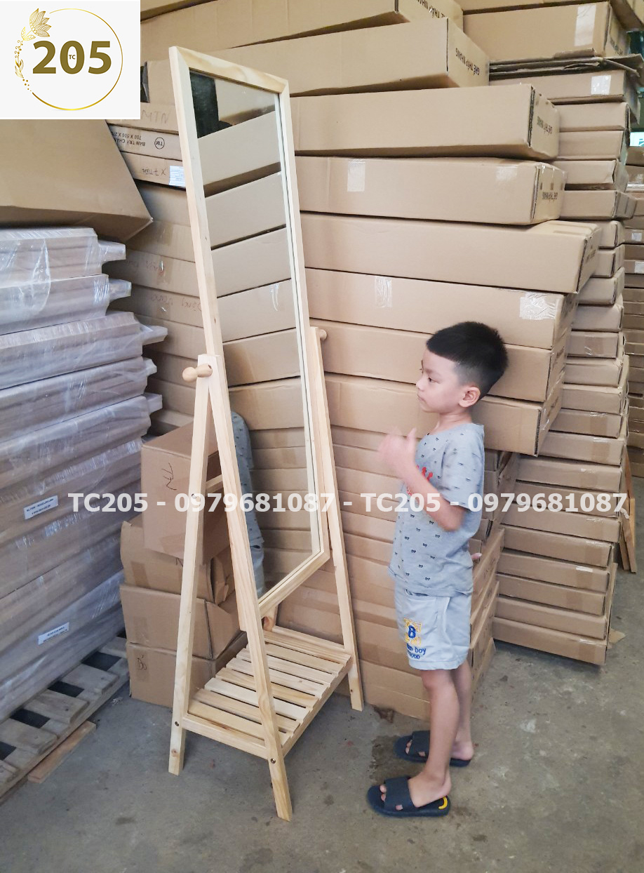 Gương soi toàn thân khung gỗ có kệ để đồ shelf mirror - Gương đứng toàn thân có kệ bằng gỗ Eotygroup