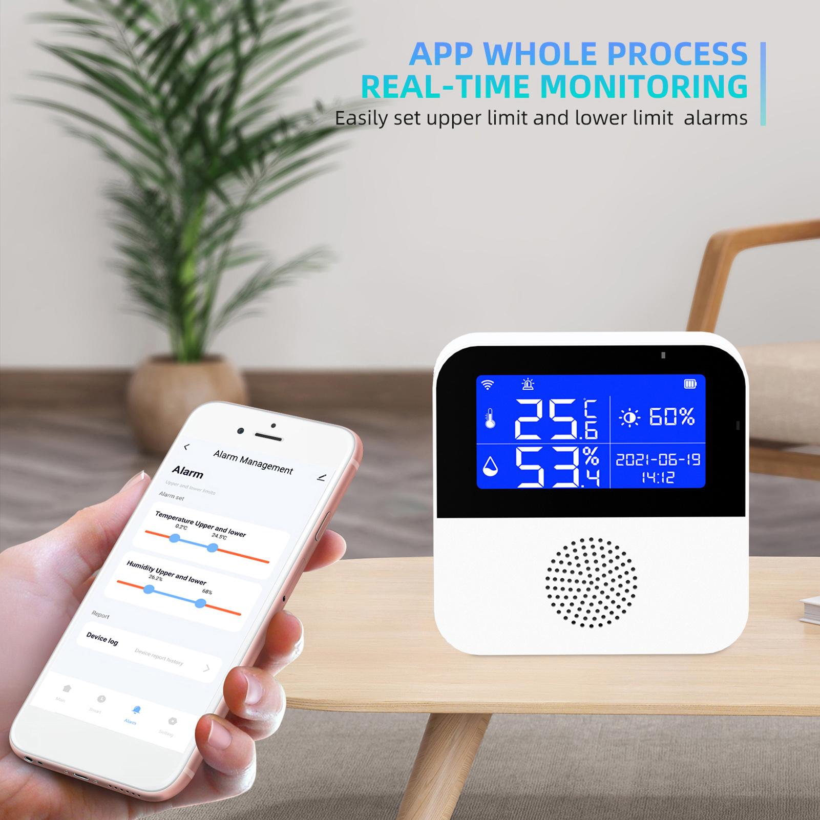 Wi-Fi Temperature Humidity Meter Indoor Hygrometer Temperature Sensor Alarm APP Control 2.9-inch LCD Backlight Display ℃ / ℉ with Time Date for Home