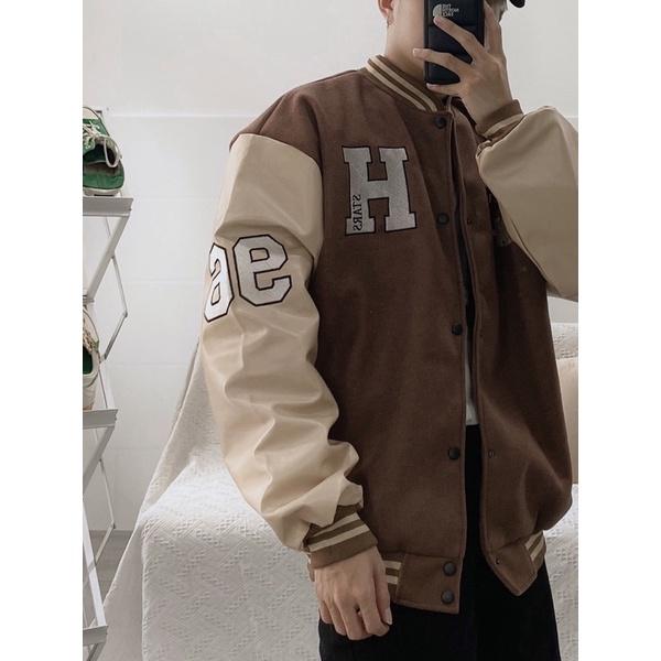 Bomber dạ phối tay da bomber nam có thêu chữ H