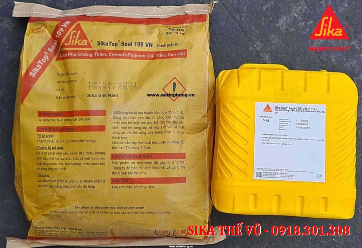 Chống thấm bể nước hồ bơi cao cấp gốc xi măng hai thành phần - SikaTop Seal 109 (bộ 15kg)