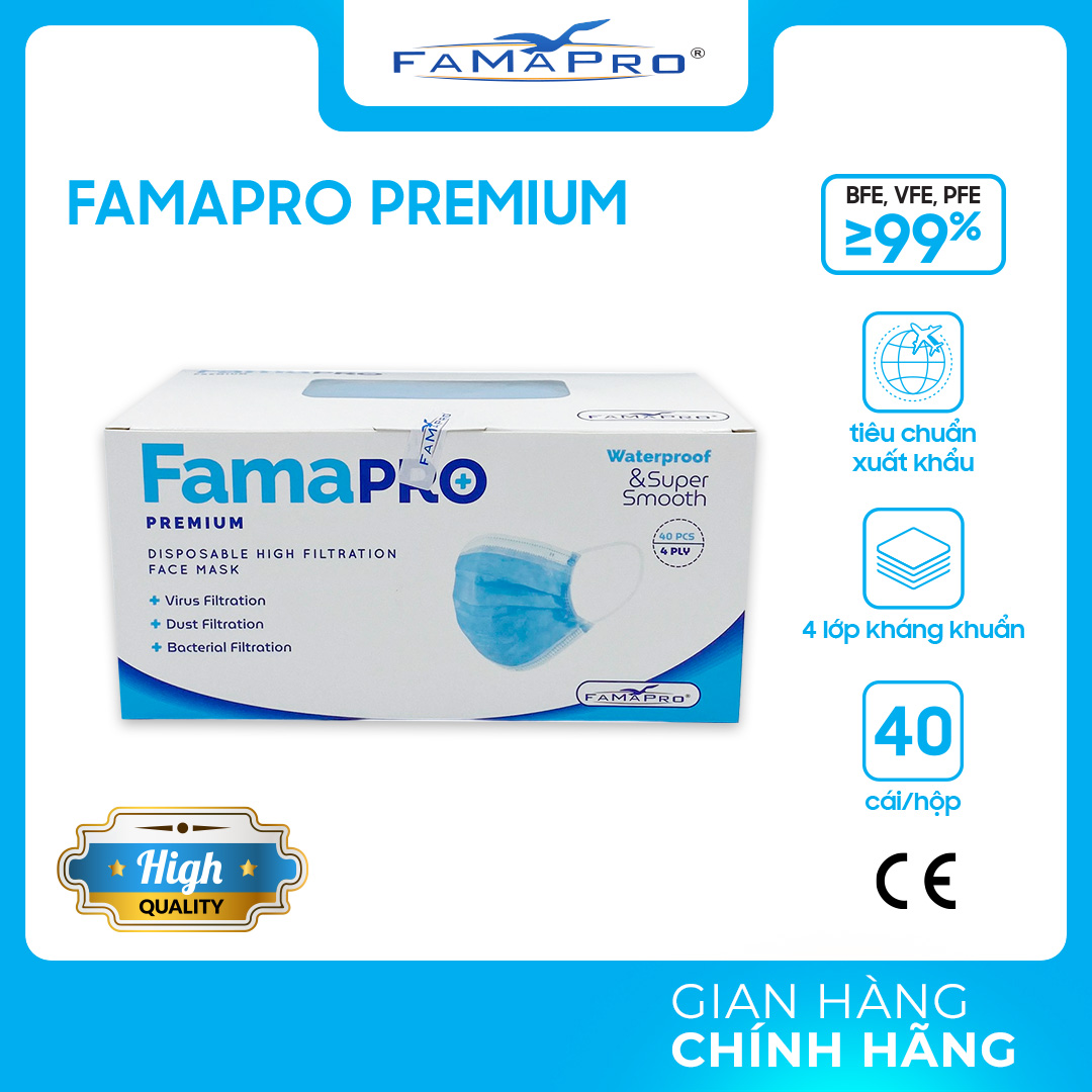 [FAMAPRO - PREMIUM] Khẩu trang y tế cao cấp 4 lớp kháng khuẩn Famapro Premium (40 cái/ hộp)