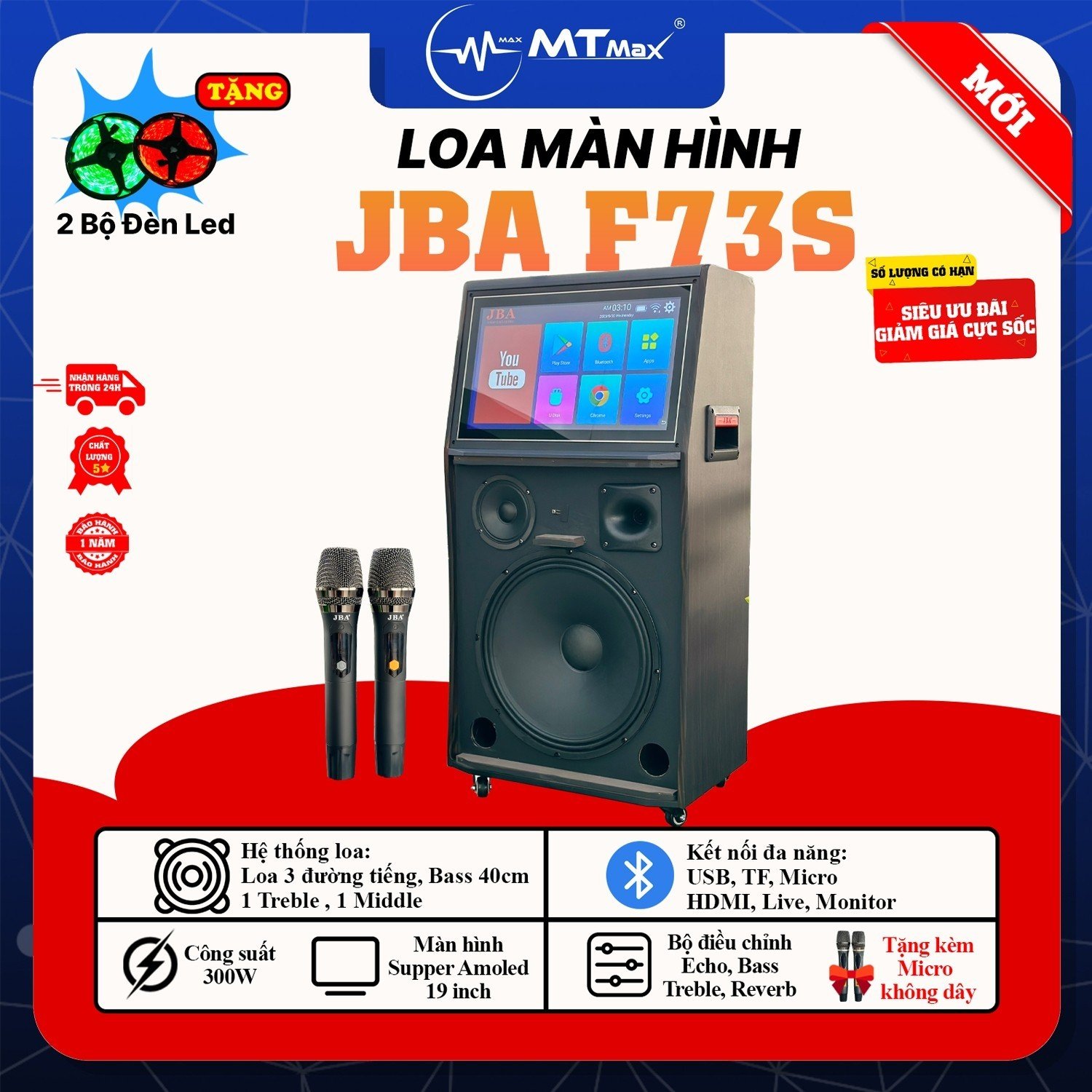 Loa Karaoke Màn Hình JBA F73S - Công Suất Lớn 300W Màn Hình Amoled Mượt Mà Bass Siêu Trầm 40Cm Âm Thanh Mạnh Mẽ Uy Lực Đi Kèm Cặp Micro Không Cao Cấp Bảo Hành 12 Tháng Tặng Kèm Bộ Đèn Led 5m Hàng chính hãng