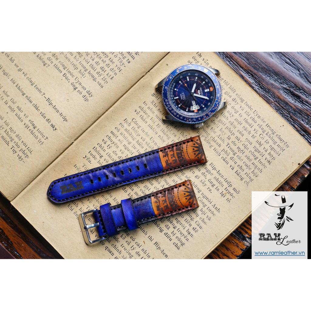 DÂY ĐỒNG HỒ TRỐNG ĐỒNG XANH NAVY - DA BÒ THẬT -ĐỦ SIZE 18,20,22,CASIO, APPLE WATCH -CHÍNH HÃNG RAM LEATHER