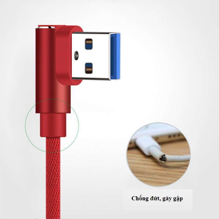 Cáp sạc nhanh  Lightning, Micro USB, Type C chân vuông 90 độ phù hợp chơi game dây dù chống đứt