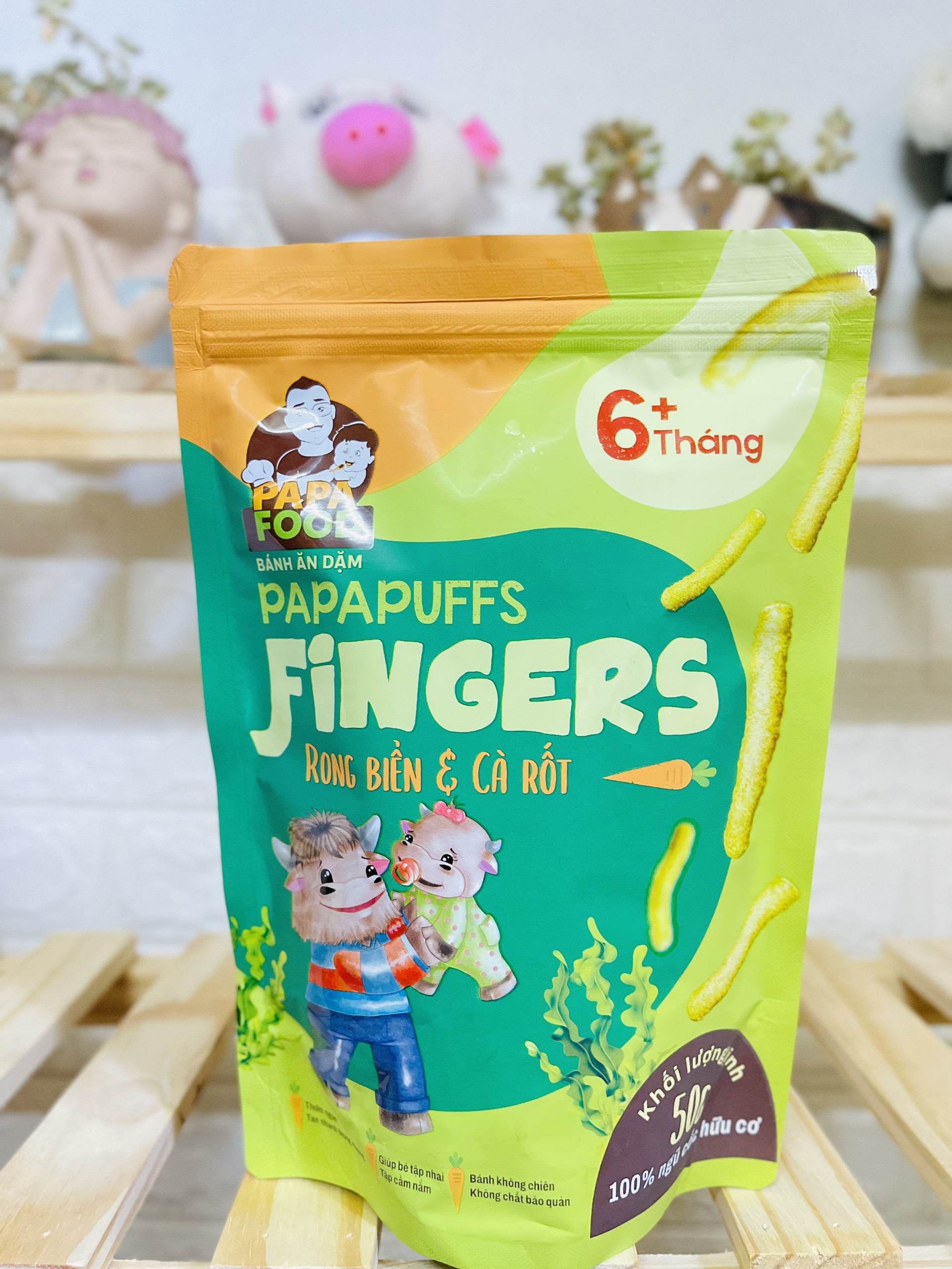 Bánh ăn dặm PAPAPUFFS FINGERS - Vị RONG BIỂN&amp;CÀ RỐT - 100% Ngũ Cốc Hữu Cơ - Gói 50g