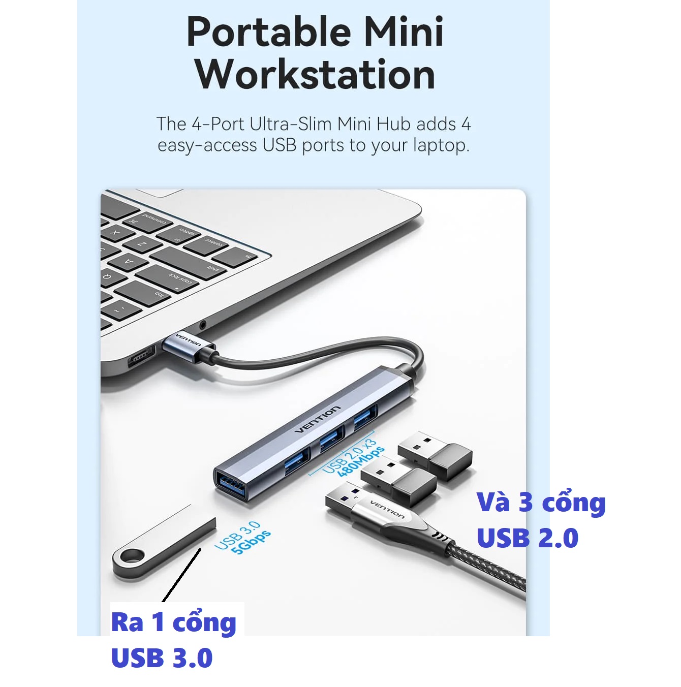 Hub USB mini thiết bị chia cổng USB 3.0 của laptop ra 4 cổng USB 3.0 và USB2.0 Vention CK0 _ Hàng chính hãng