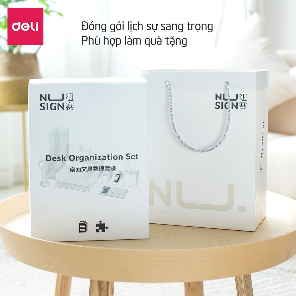 Set 13 Món Khay Kệ Ống Cắm Bút Cắt Băng Dính Kéo Máy Tính Dụng Cụ Văn Phòng Phẩm Nusign Deli - Màu Trắng - Phù Hợp Sử Dụng Cho Học Sinh Văn Phòng Làm Quà Tặng Thầy Cô Giáo - 1 bộ - NS003