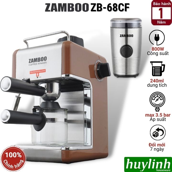 Combo máy pha cà phê Espresso Zamboo ZB-68CF  máy xay ZB100g - hàng chính hãng