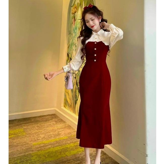 FRESHIP Đầm body màu đỏ phối trắng tay dài cổ sơ mi đính nút kiểu đầm dự tiệc KIMGIA DS