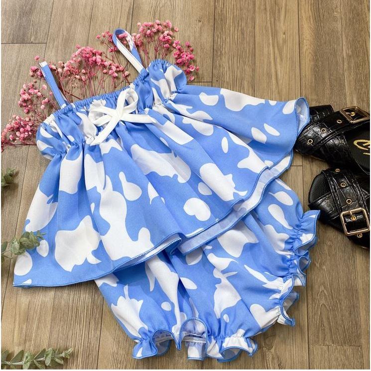 Bộ quần áo bé gái 2 dây màu bò xanh chất liệu lụa 8-23kg Angel Baby Thời Trang Thiết Kế