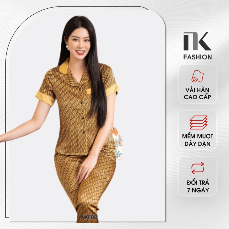 Bộ Đồ Ngủ Pyjama Nữ NK Fashion Thiết Kế Họa Tiết Chữ Phối Cổ, Chất Liệu Vải Nhập Khẩu Hàn Mềm Mại NKFBD2203005