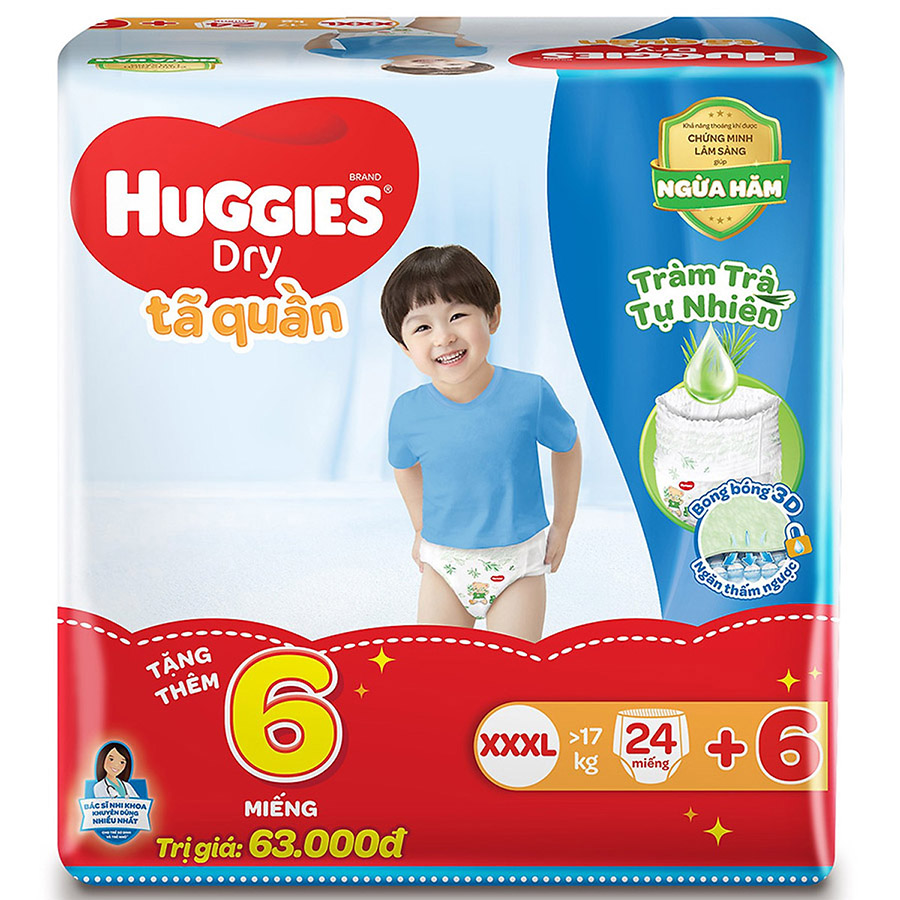 Combo 4 gói Tã quần Huggies Dry Tràm Trà Tự Nhiên XXXL24 (Trên 17Kg) - Tặng 6 miếng