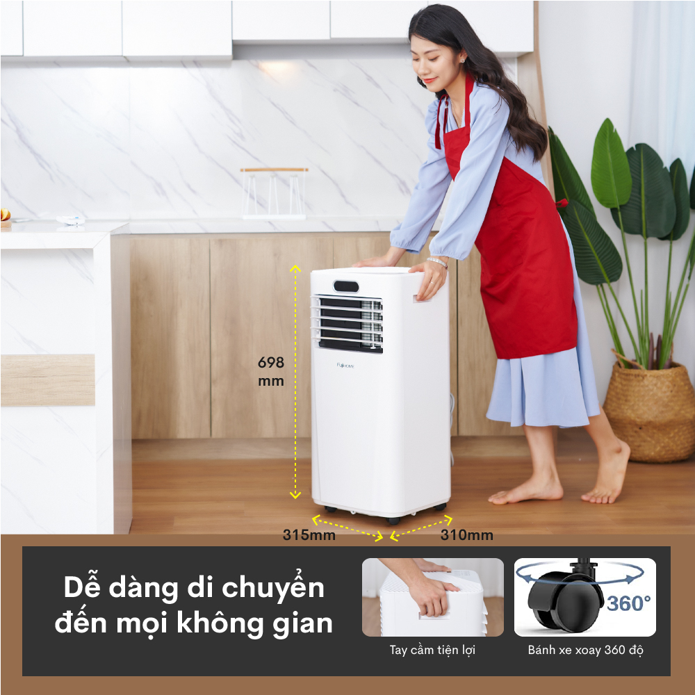 Điều hòa di động 9000 BTU-14.000 BTU FUJIHOME, máy lạnh đứng di động mini 4 chức năng, làm lanh, hút ẩm, lọc không khí, quạt điều khiển qua App, không cần lắp đặt - Hàng chính hãng