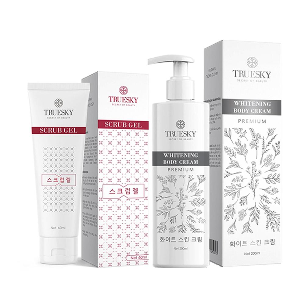 Bộ sản phẩm tắm trắng toàn thân cao cấp Truesky Premium VIP11 gồm 1 kem ủ trắng toàn thân 200ml &amp; 1 tẩy tế bào chết 60ml