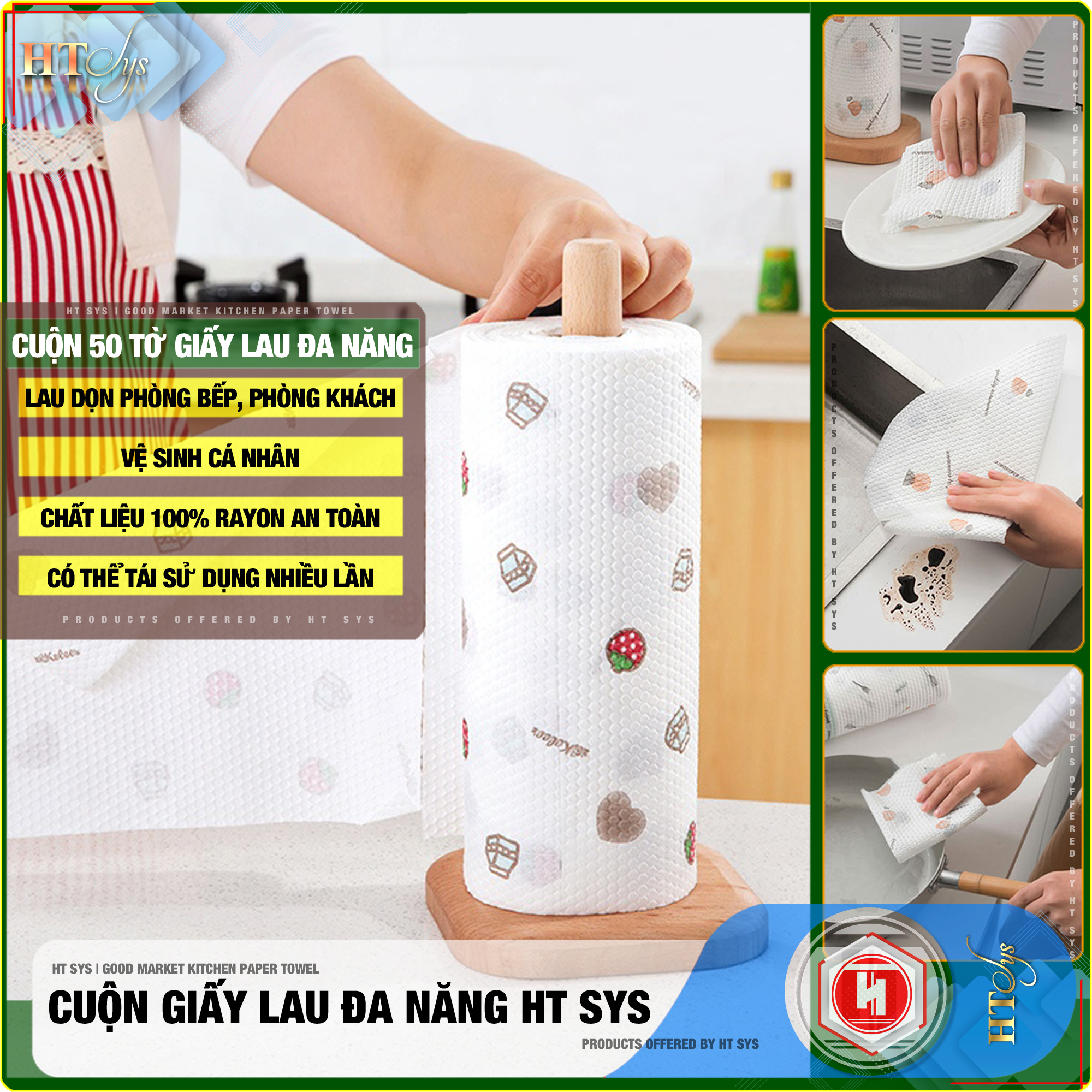 Cuộn khăn giấy 50 tờ lau  đa năng - Chất liệu Rayon an toàn - Lau gọn nhà bếp, phòng khách - Vệ sinh cá nhân - Màu trắng hoạ tiết ngẫu nhiên - Hàng Chính Hãng