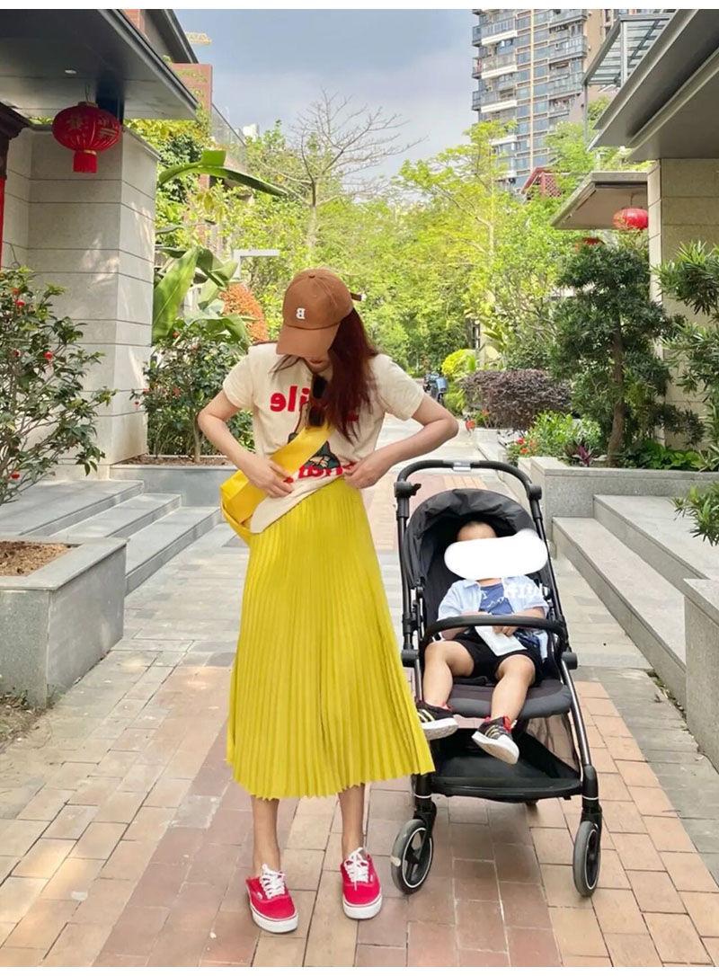 TOBE1SHOP Váy Hồng Kông nhẹ nhàng, hoạt bát, áo thun ngắn tay, thắt lưng mềm mại, váy xếp nếp, con cái mùa hè.