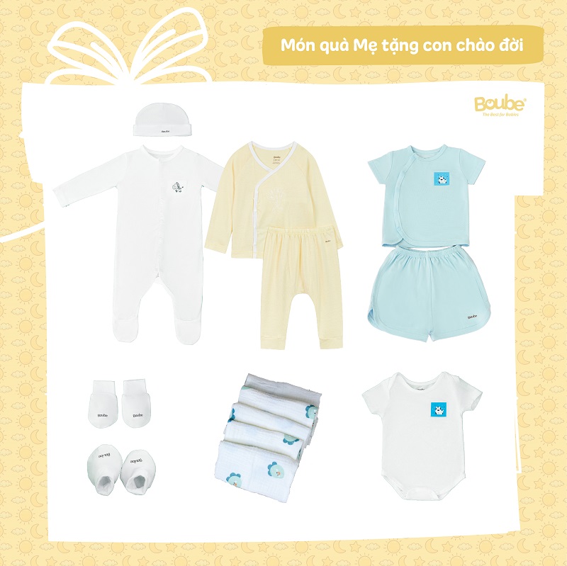 Combo sơ sinh, món quà Mẹ tặng con khi chào đời Boube, Vải Petit và Bamboo cao cấp mềm mại, mịn màng - Newborn